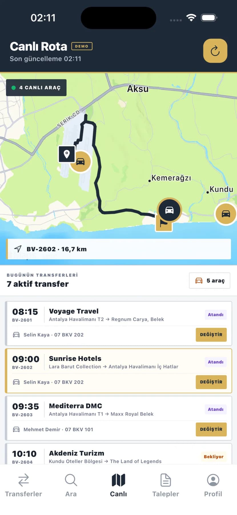 Bookvion demo live route and active transfers map