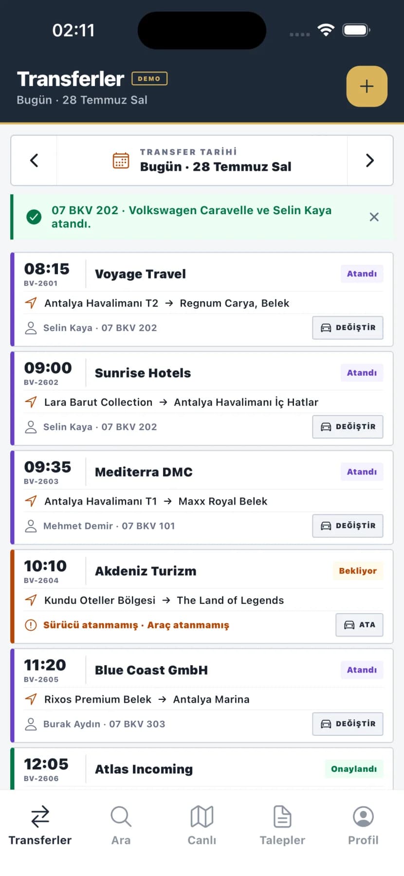 Bookvion demo transfer list on the operations app
