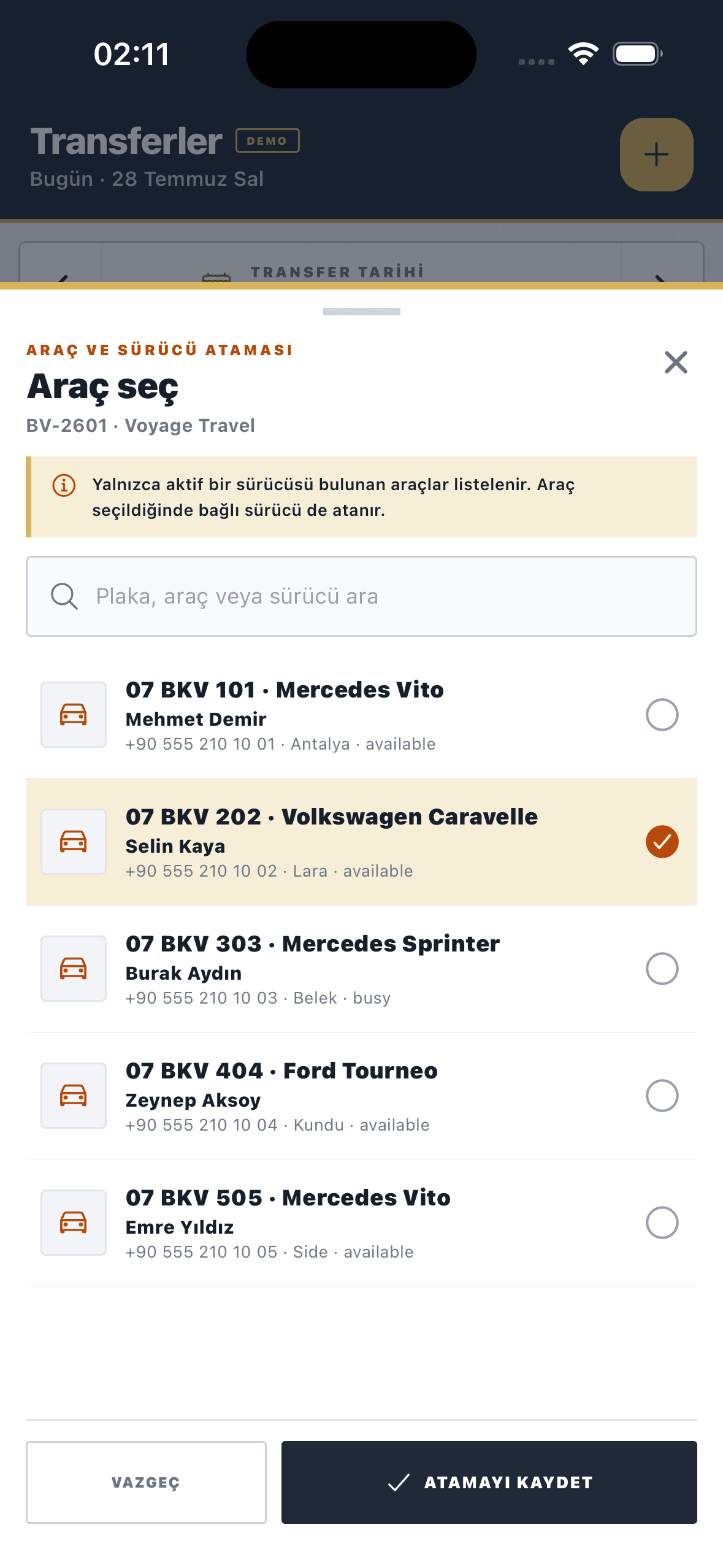 Bookvion demo vehicle and driver assignment screen