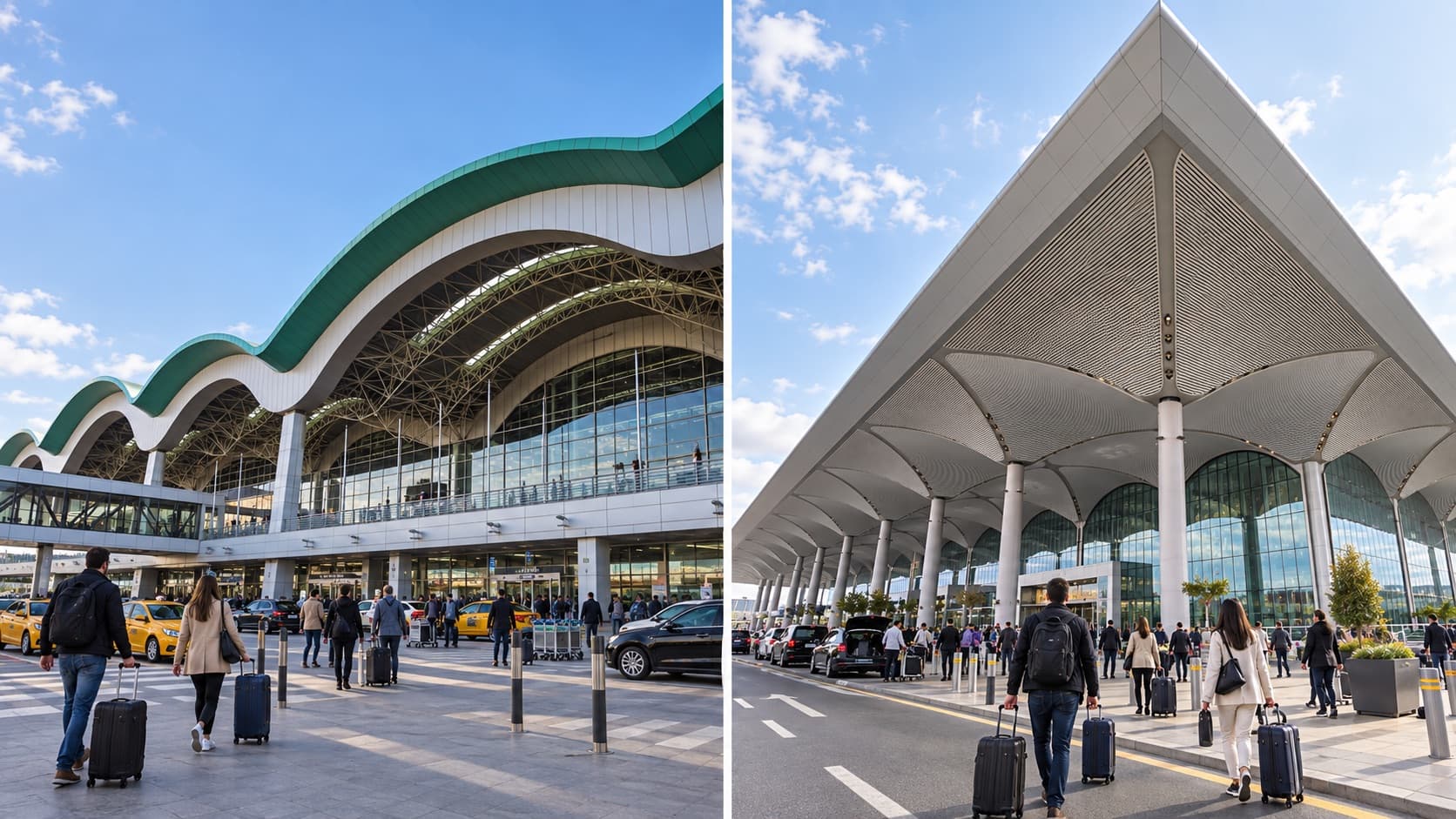 Illustrative side-by-side comparison of SAW and IST airport terminal exteriors